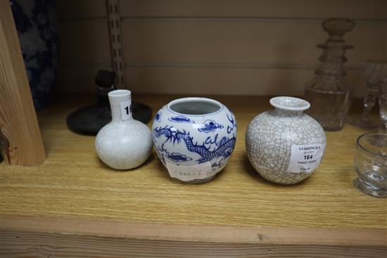 Two Chinese crackle glaze vases and a blue and white vase tallest 9.5cm